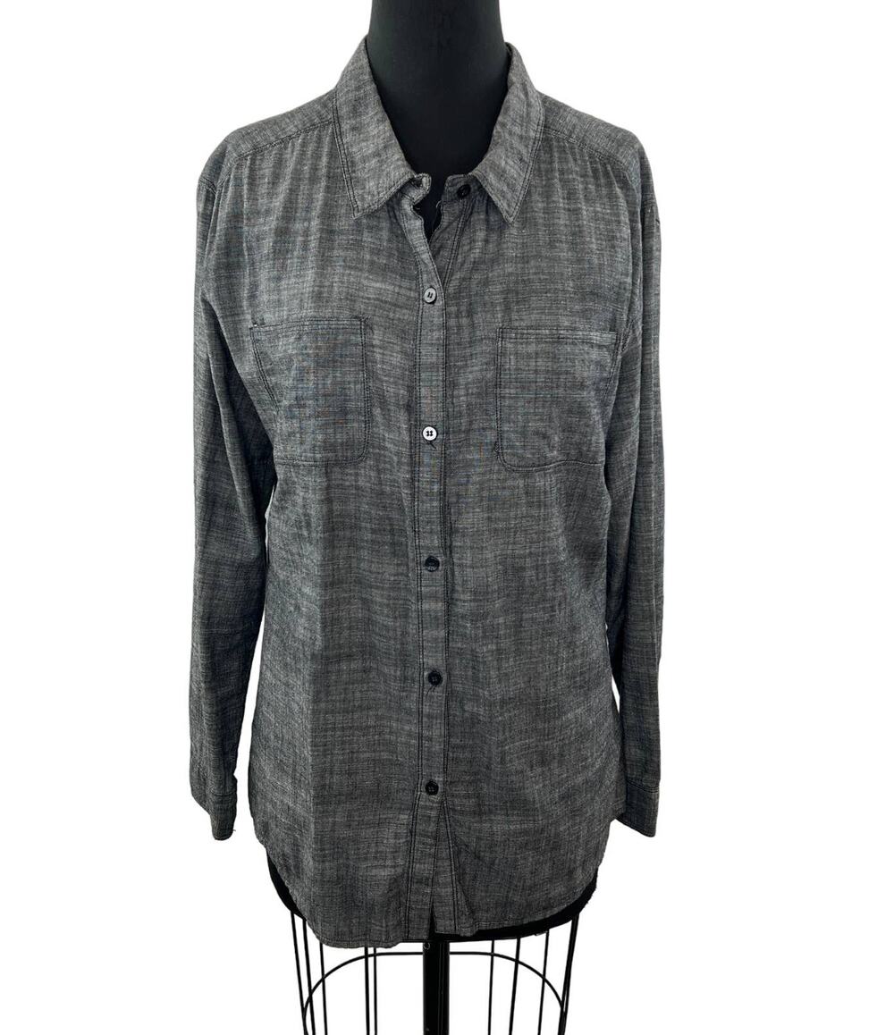 FREE PEOPLE Gray Cotton Long Sleeve Button Down Laser Cut Back Blouse Size L
